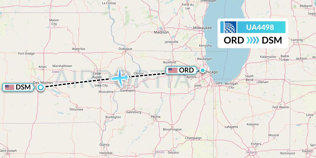 UA4498 United Airlines Flight Map: Chicago to Des Moines