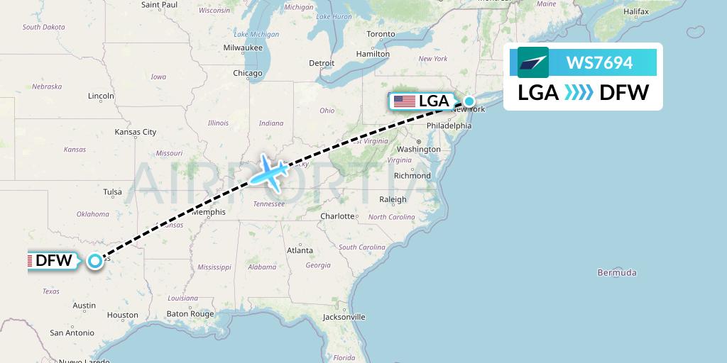 WS7694 WestJet Flight Map: New York to Dallas