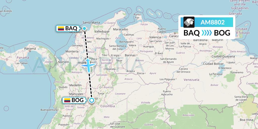 AM8802 Aeromexico Flight Map: Barranquilla to Bogota