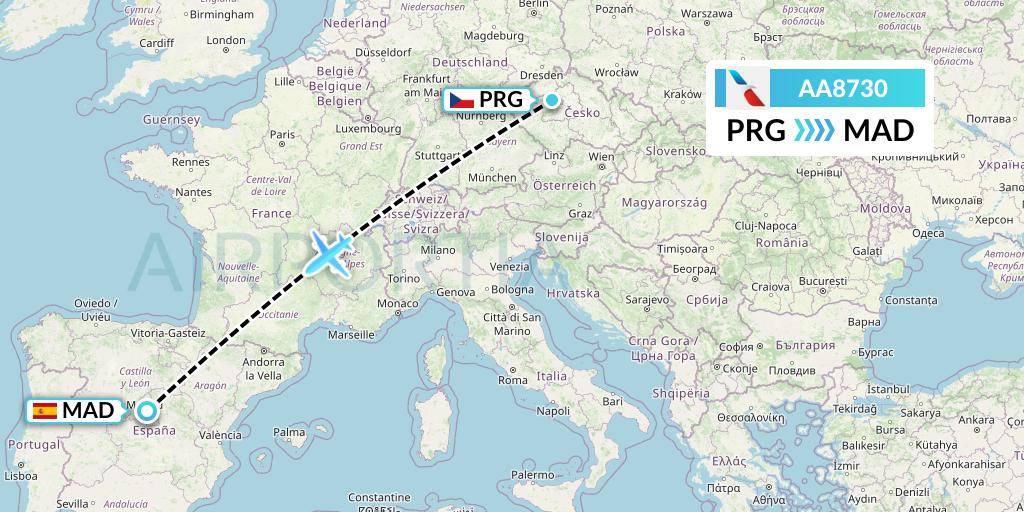 AA8730 American Airlines Flight Map: Prague to Madrid