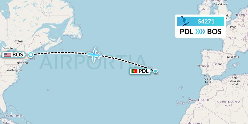 S4271 Azores Airlines Flight Map: Ponta Delgada to Boston