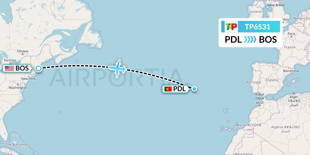 TP6531 TAP Portugal Flight Map: Ponta Delgada to Boston