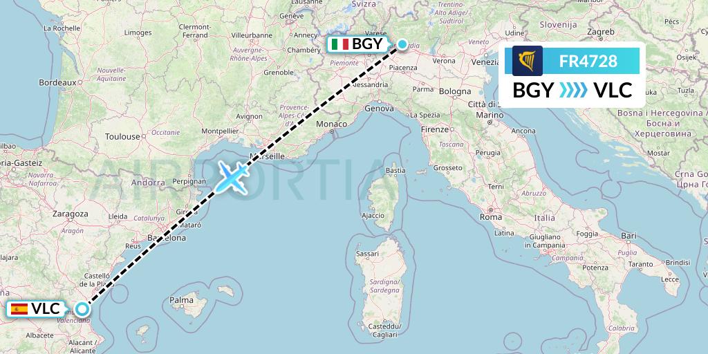 FR4728 Ryanair Flight Map: Milan to Valencia