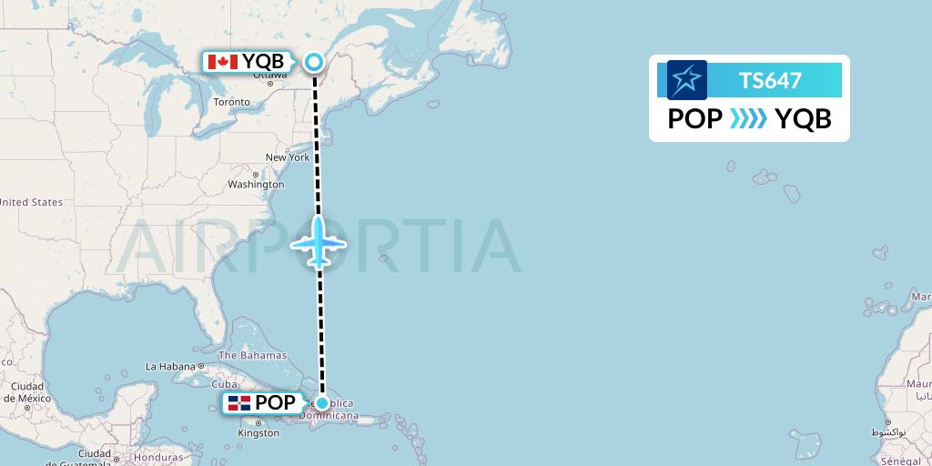 TS647 Air Transat Flight Map: Puerto Plata to Quebec