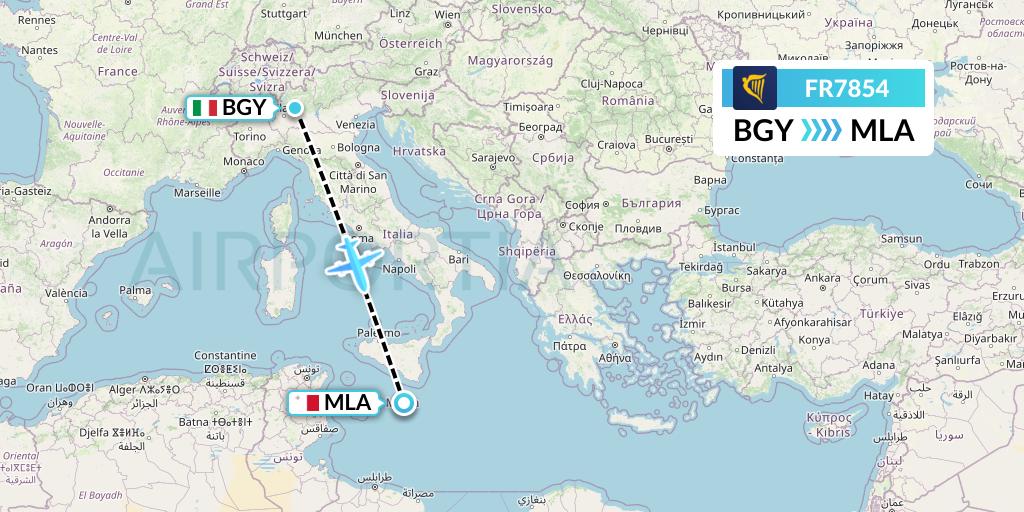 FR7854 Ryanair Flight Map: Milan to Malta