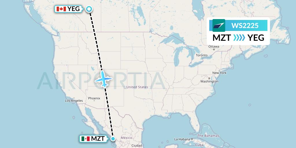 WS2225 WestJet Flight Map: Mazatlan to Edmonton