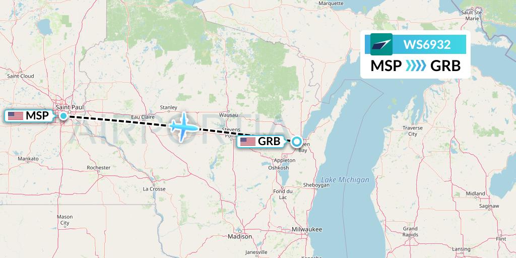 WS6932 WestJet Flight Map: Minneapolis to Green Bay