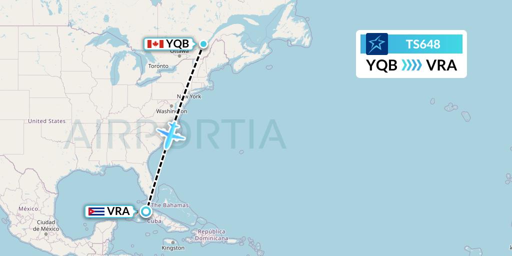 TS648 Air Transat Flight Map: Quebec to Varadero