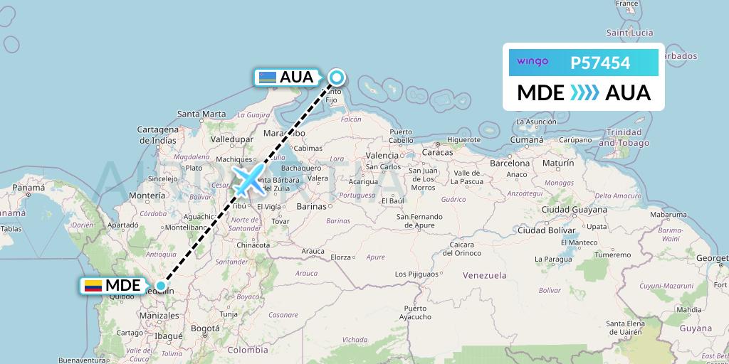 P57454 Copa Airlines Colombia Flight Map: Medellin to Oranjestad