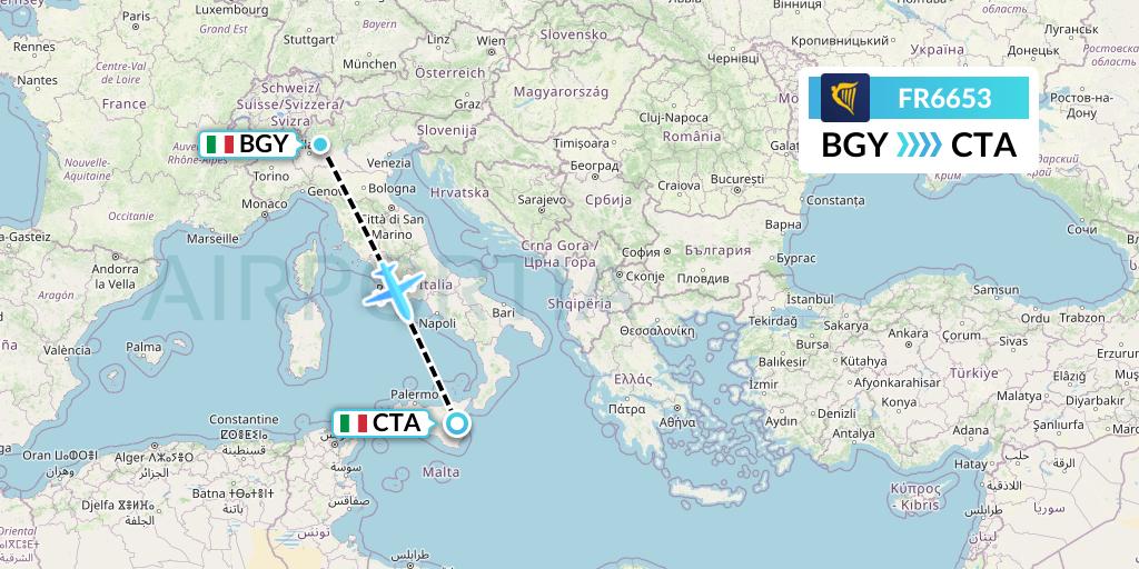 FR6653 Ryanair Flight Map: Milan to Catania