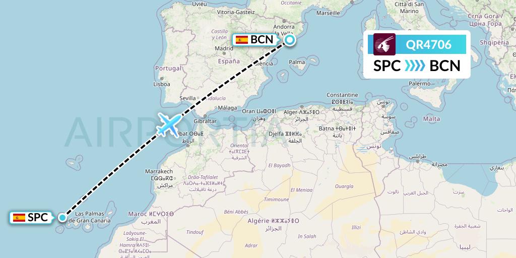 QR4706 Qatar Airways Flight Map: La Palma to Barcelona