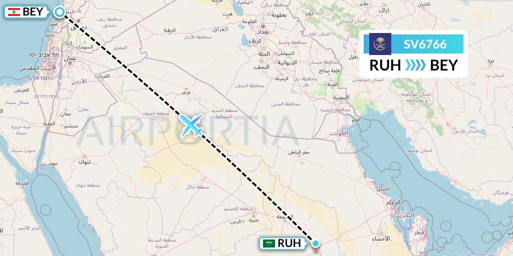 SV6766 Saudi Arabian Airlines Flight Map: Riyadh to Beirut