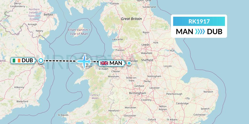 RK1917 Ryanair UK Flight Map: Manchester to Dublin