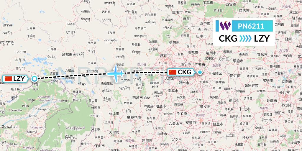 PN6211 China West Air Flight Map: Chongqing to Nyingchi