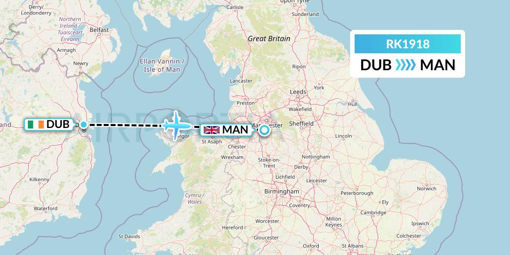 RK1918 Ryanair UK Flight Map: Dublin to Manchester