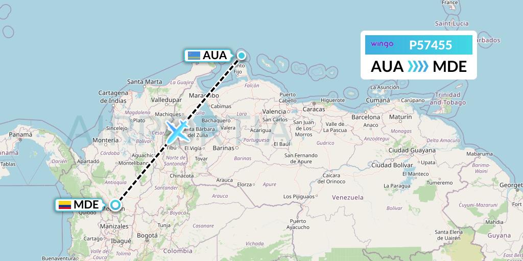 P57455 Copa Airlines Colombia Flight Map: Oranjestad to Medellin