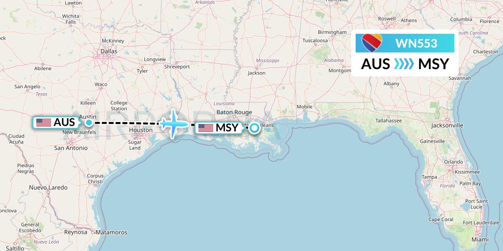 WN553 Southwest Airlines Flight Map: Austin to New Orleans
