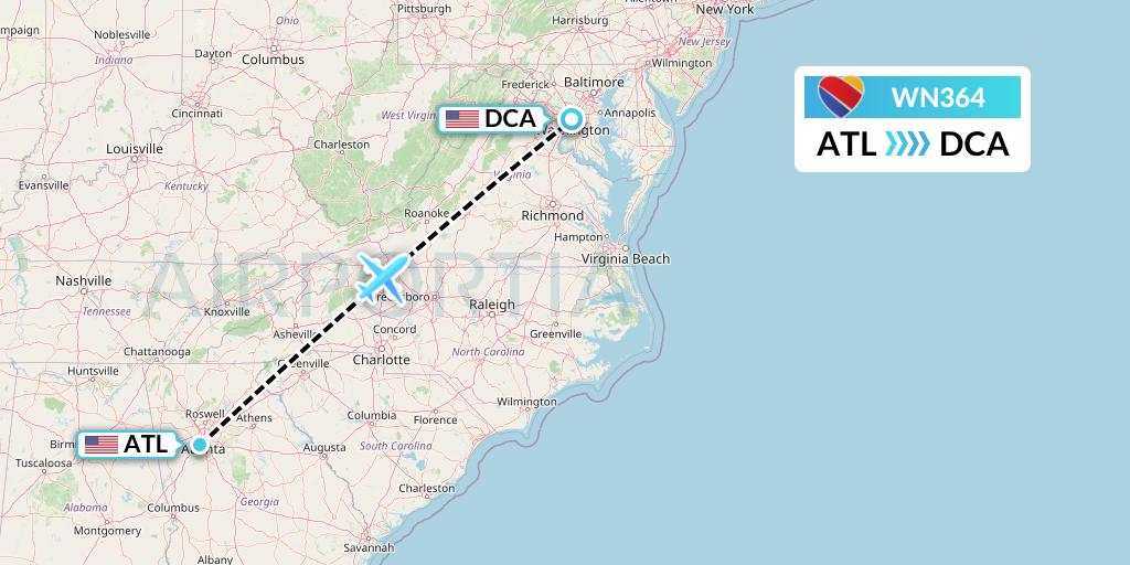 WN364 Southwest Airlines Flight Map: Atlanta to Washington