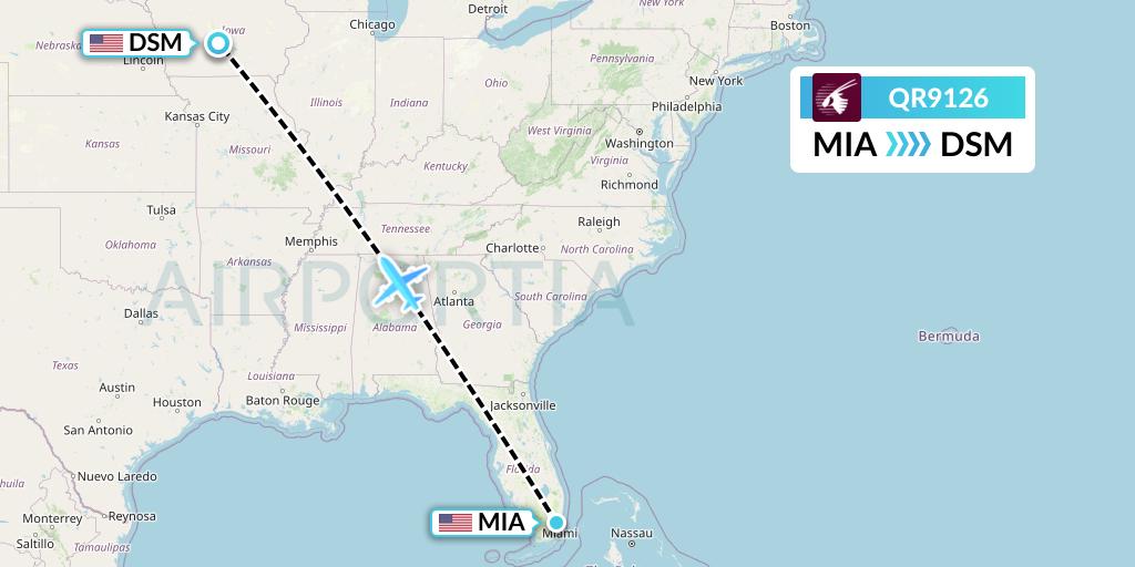 QR9126 Qatar Airways Flight Map: Miami to Des Moines