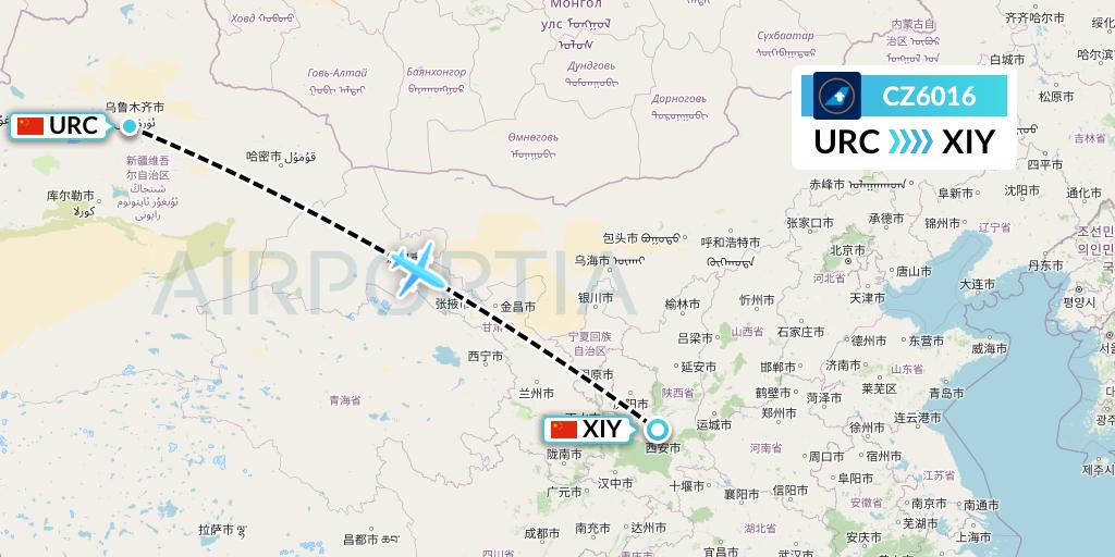 CZ6016 China Southern Airlines Flight Map: Urumqi to Xi'an