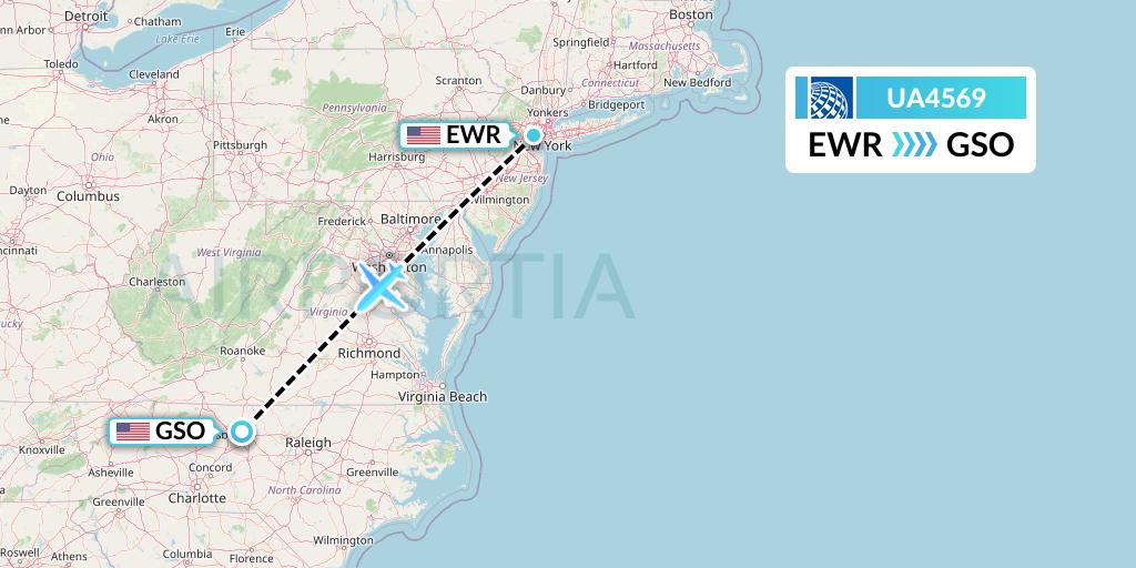 UA4569 United Airlines Flight Map: New York to Greensboro