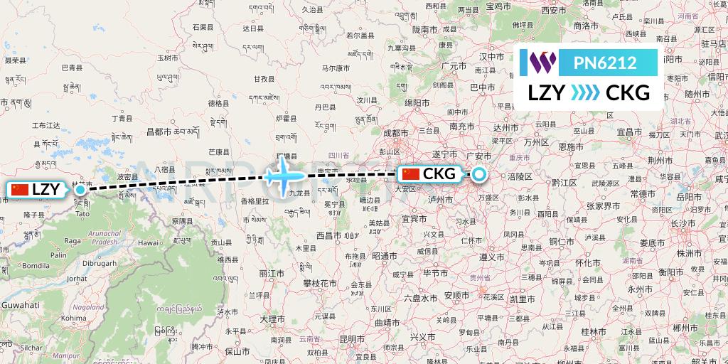PN6212 China West Air Flight Map: Nyingchi to Chongqing