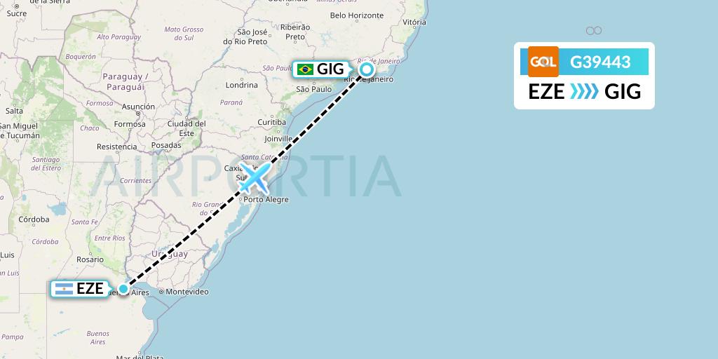 G39443 GOL Transportes Aeros Flight Map: Buenos Aires to Rio de Janeiro
