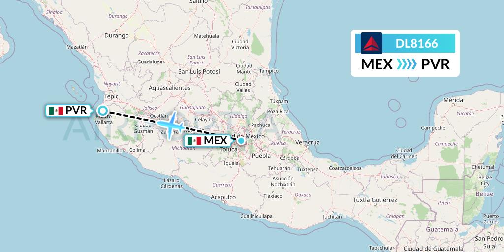DL8166 Delta Air Lines Flight Map: Mexico City to Puerto Vallarta