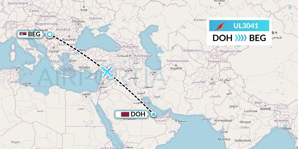 UL3041 SriLankan Airlines Flight Map: Doha to Belgrade