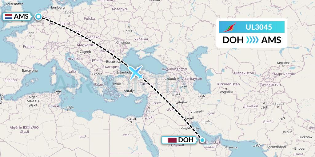 UL3045 SriLankan Airlines Flight Map: Doha to Amsterdam