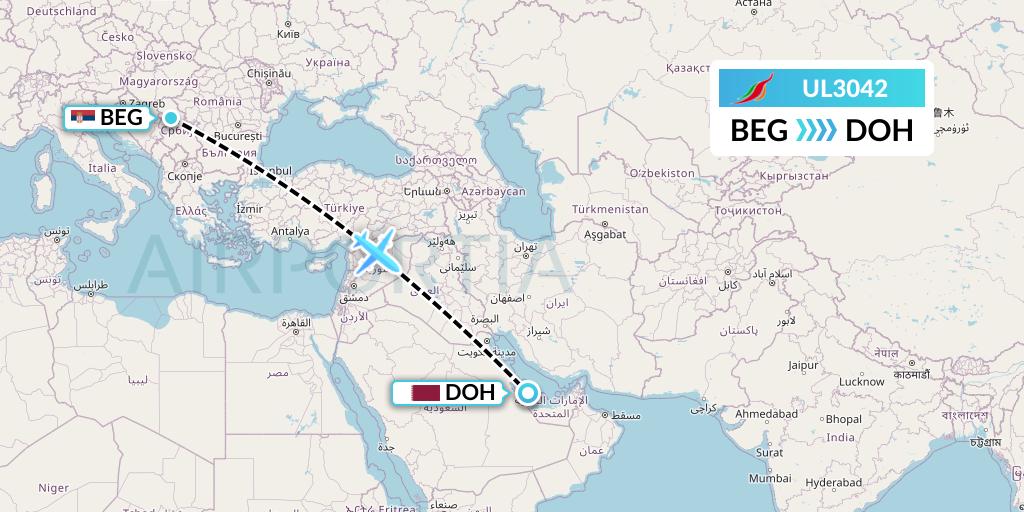 UL3042 SriLankan Airlines Flight Map: Belgrade to Doha