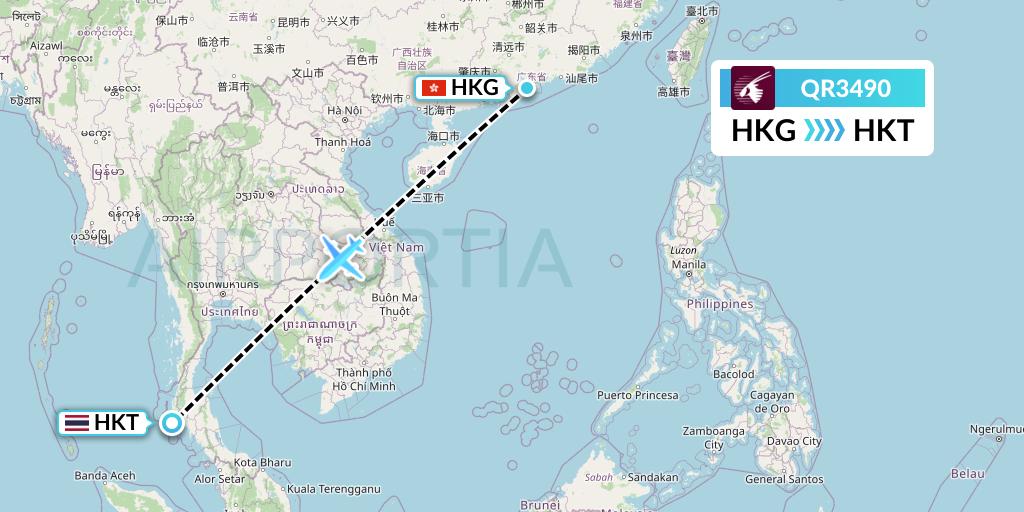 QR3490 Qatar Airways Flight Map: Hong Kong to Phuket