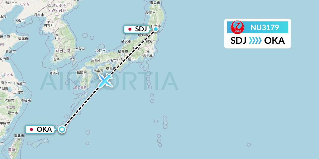 NU3179 Japan Transocean Air Flight Map: Sendai to Naha