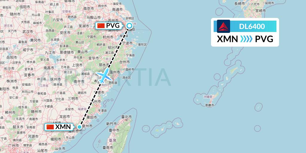 DL6400 Delta Air Lines Flight Map: Xiamen to Shanghai