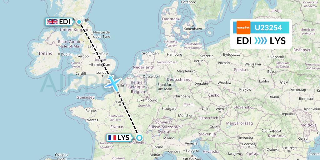 U23254 EasyJet Flight Map: Edinburgh to Lyon