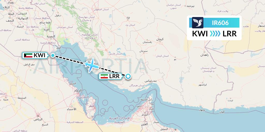 IR606 Iran Air Flight Map: Kuwait City to Lar