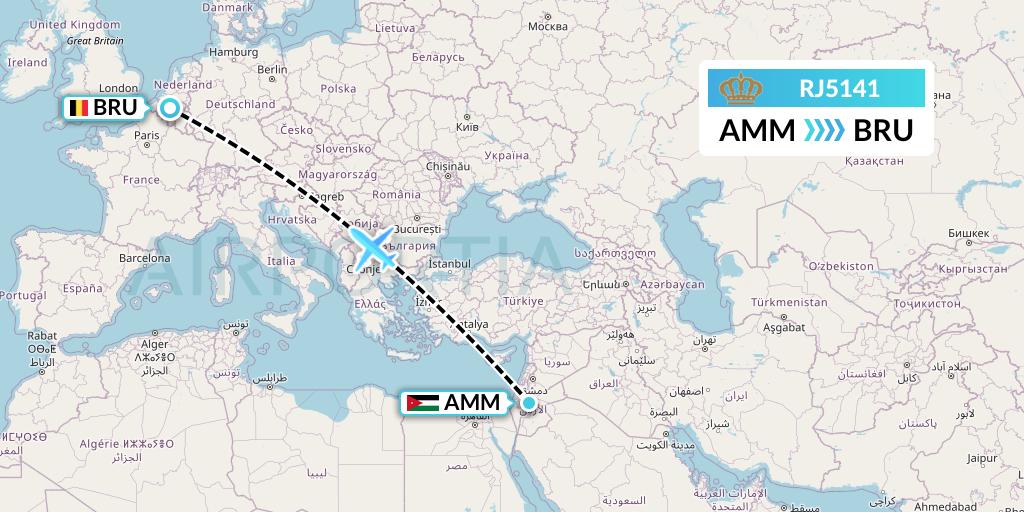 RJ5141 Royal Jordanian Flight Map: Amman to Brussels