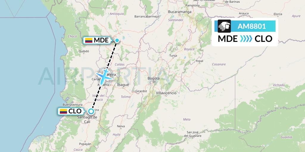AM8801 Aeromexico Flight Map: Medellin to Cali