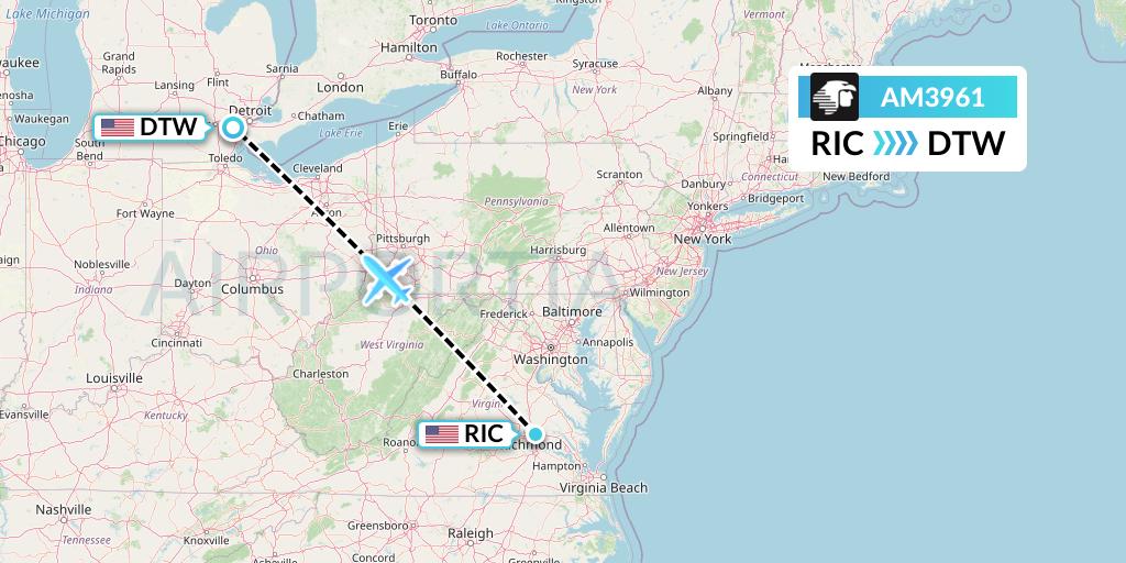 AM3961 Aeromexico Flight Map: Richmond to Detroit