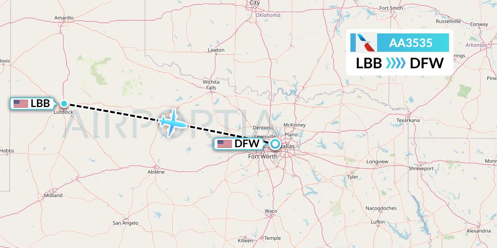 AA3535 American Airlines Flight Map: Lubbock to Dallas