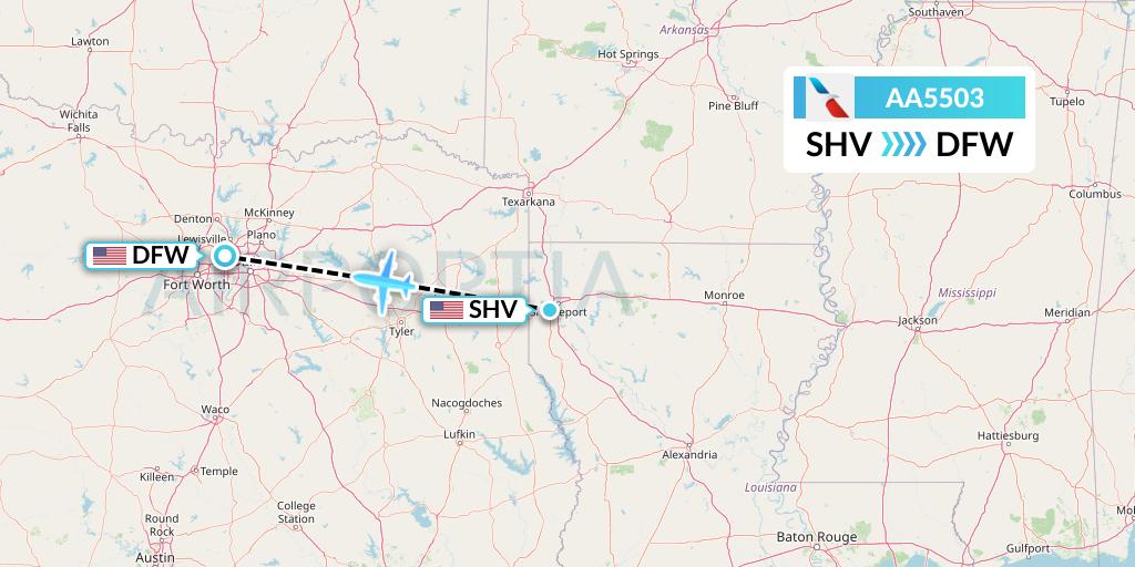 AA5503 American Airlines Flight Map: Shreveport to Dallas