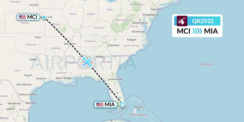 QR2932 Qatar Airways Flight Map: Kansas City to Miami