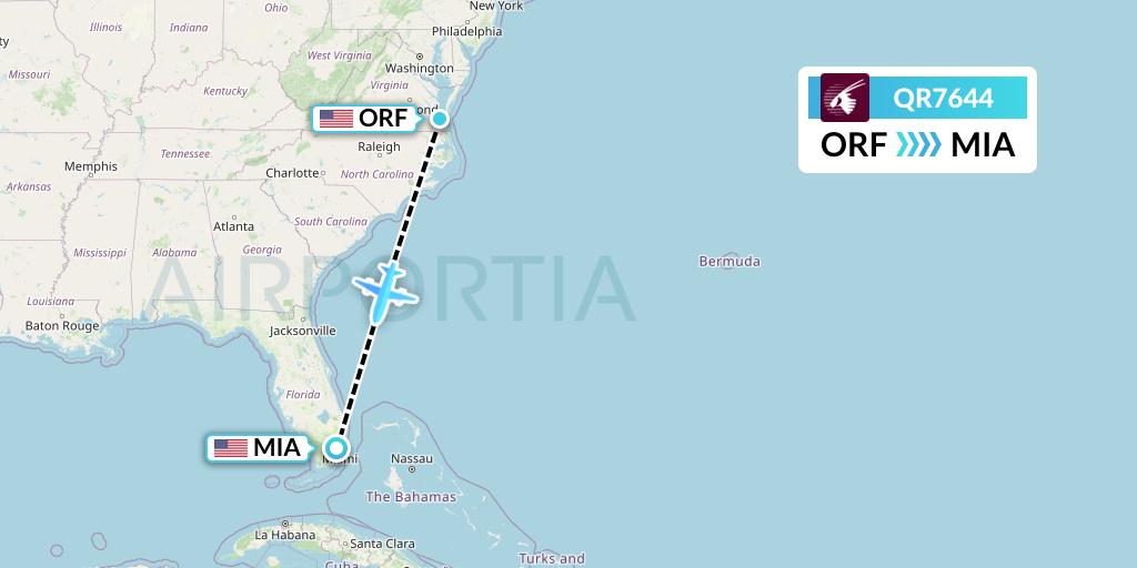 QR7644 Qatar Airways Flight Map: Norfolk to Miami