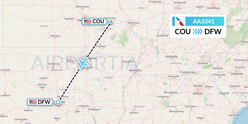 AA3341 American Airlines Flight Map: Columbia to Dallas