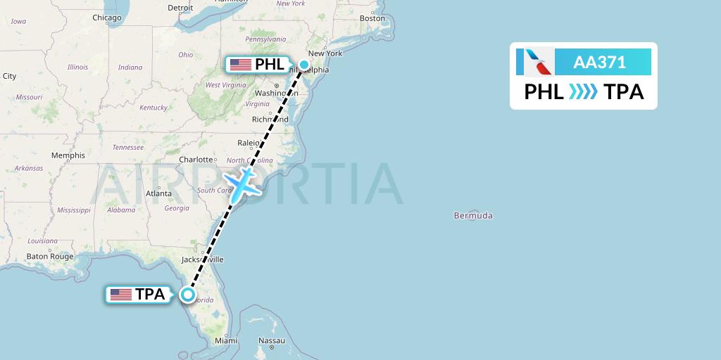 AA371 American Airlines Flight Map: Philadelphia to Tampa