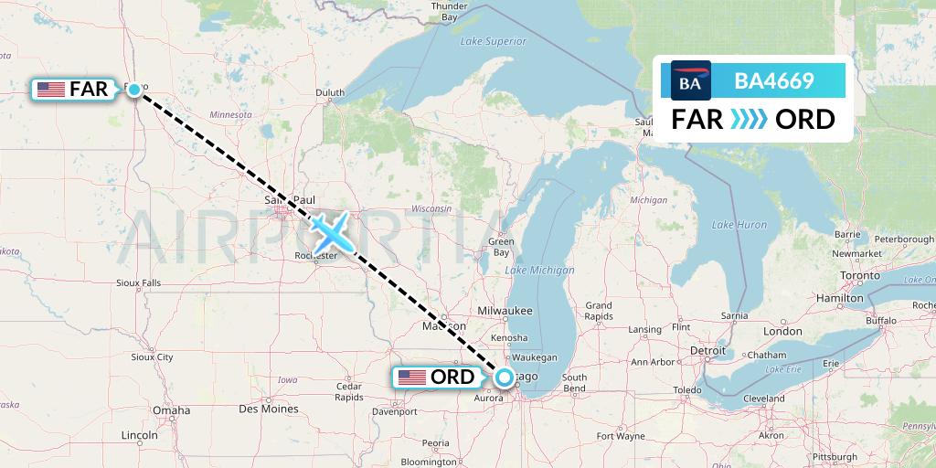 BA4669 British Airways Flight Map: Fargo to Chicago