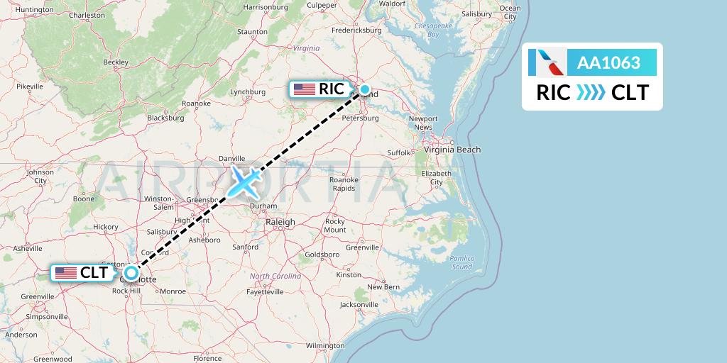 AA1063 American Airlines Flight Map: Richmond to Charlotte