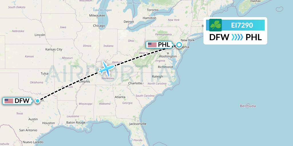 EI7290 Aer Lingus Flight Map: Dallas to Philadelphia
