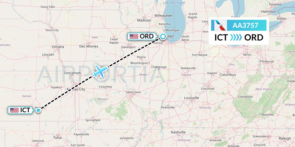 AA3757 American Airlines Flight Map: Wichita to Chicago