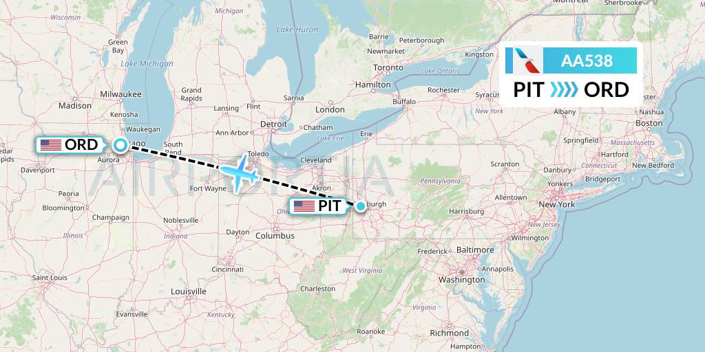 AA538 American Airlines Flight Map: Pittsburgh to Chicago